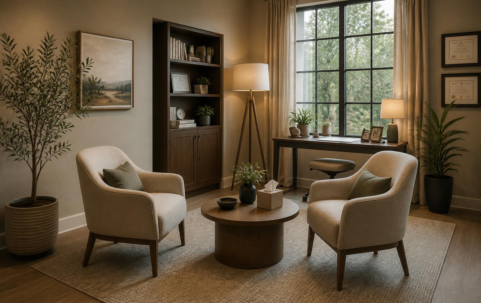A calm consultation room with two upholstered chairs, warm lamplight, and a large window