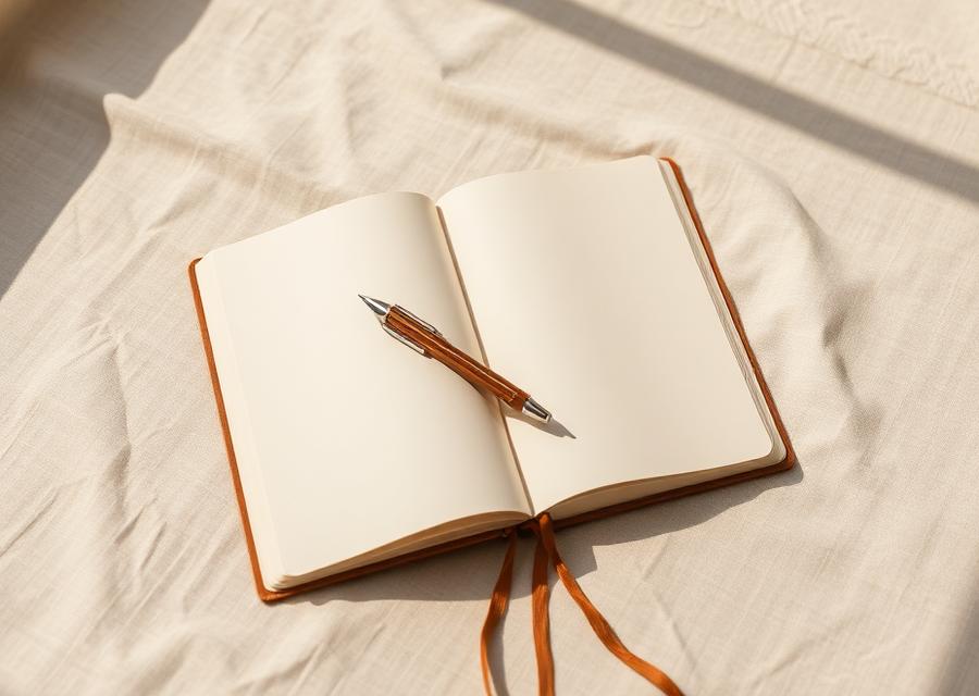 An open notebook and pen resting on warm linen in soft daylight