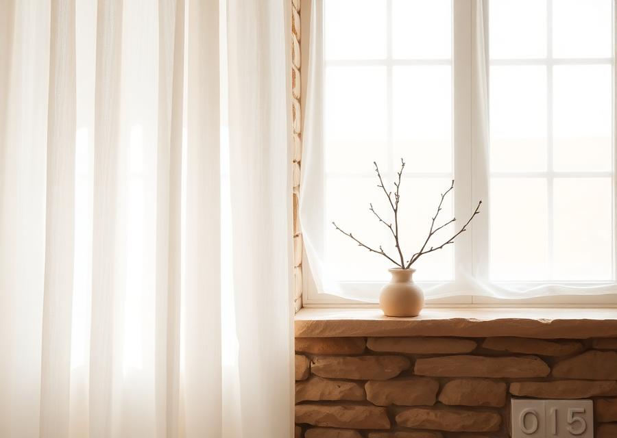 Sheer curtains and a small branch in a ceramic vase on a sunlit windowsill