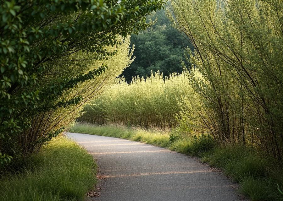 A quiet garden path lined with soft green foliage in morning light